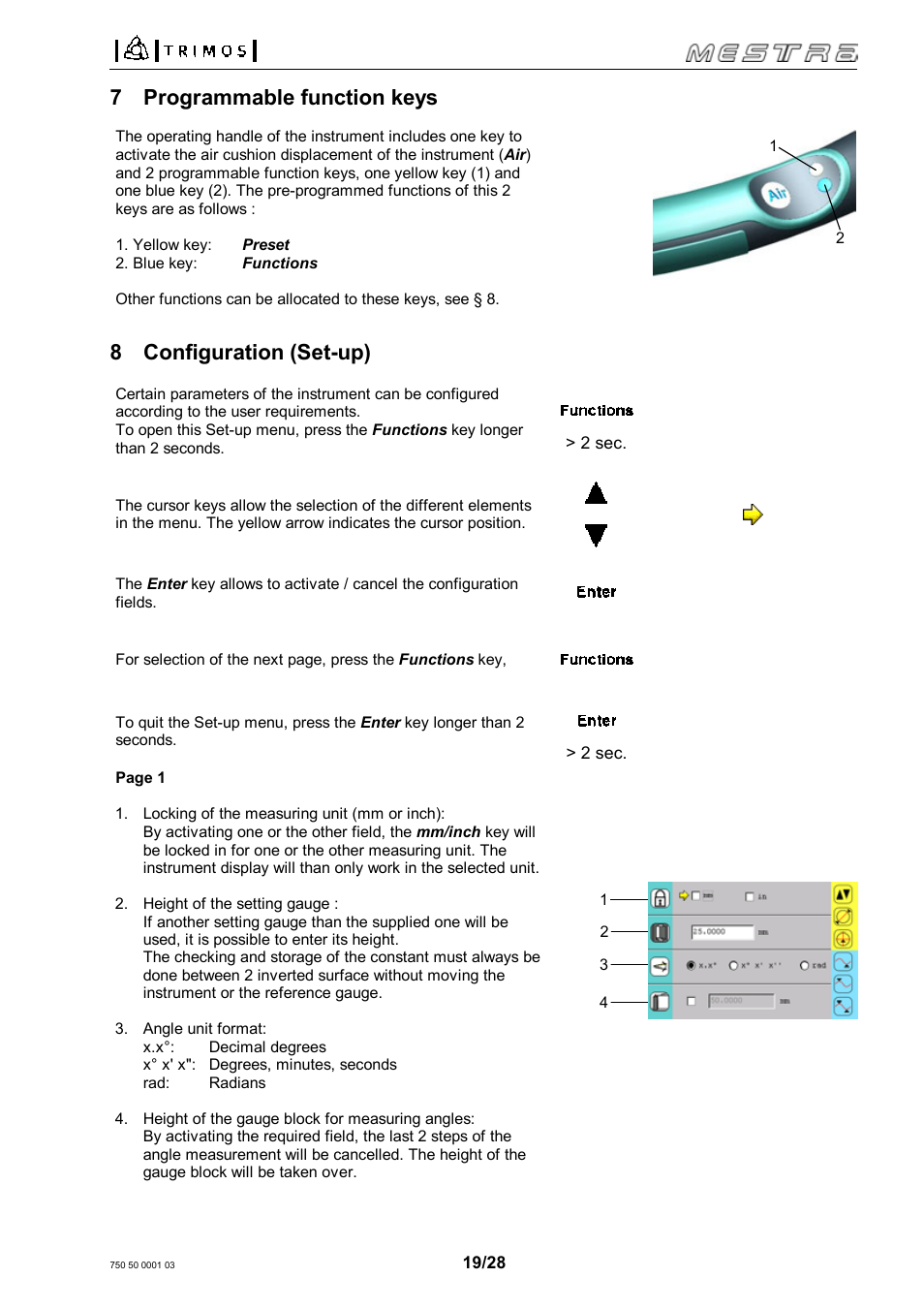 7 programmable function keys, 8 configuration (set-up) | Bowers Group Trimos Mestra Height Gauges User Manual | Page 19 / 28