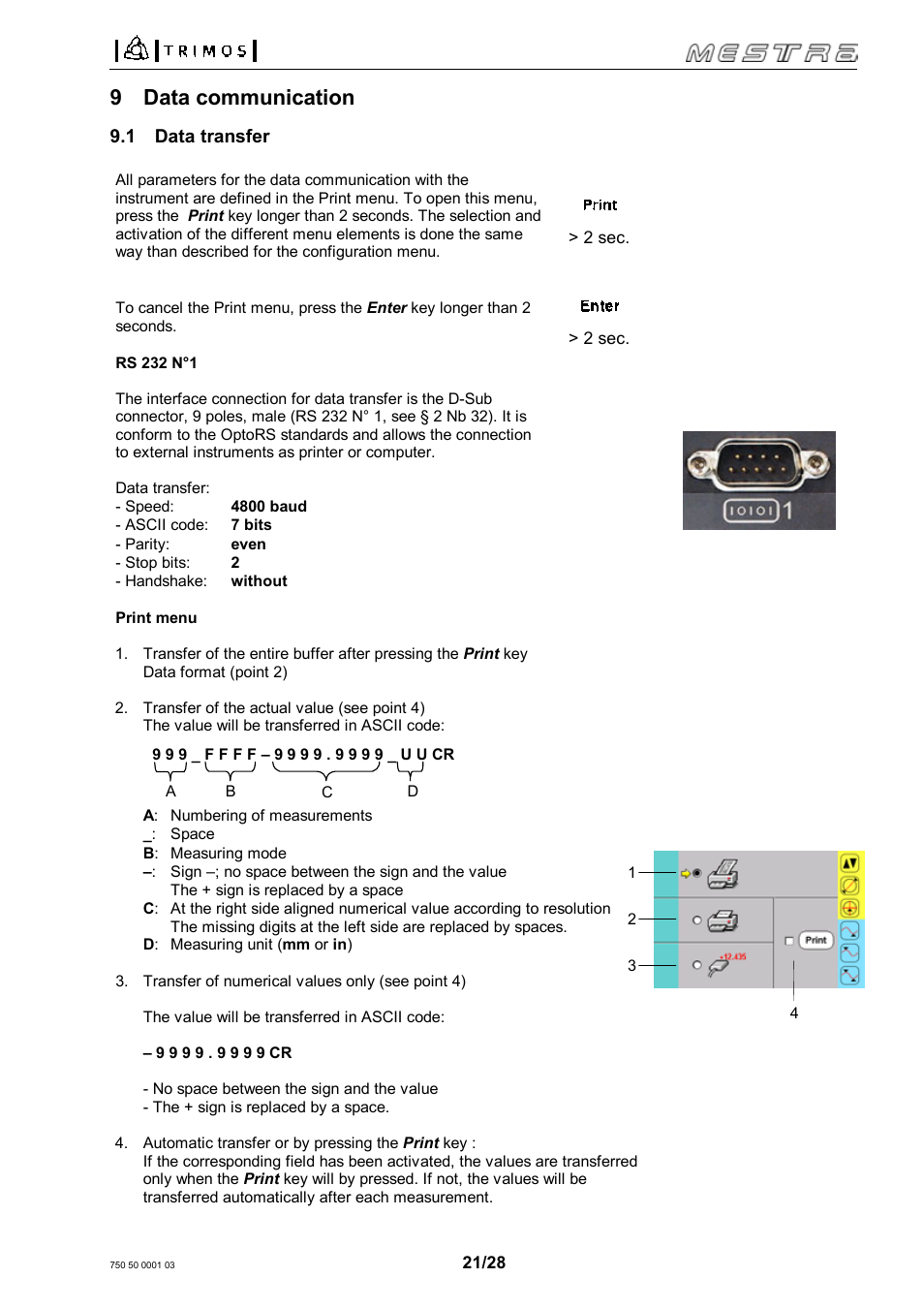 9 data communication | Bowers Group Trimos Mestra Height Gauges User Manual | Page 21 / 28