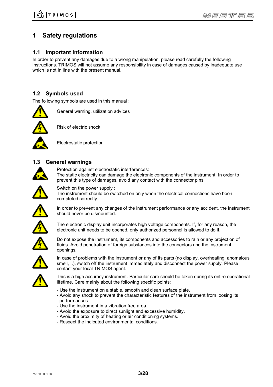 1 safety regulations | Bowers Group Trimos Mestra Height Gauges User Manual | Page 3 / 28