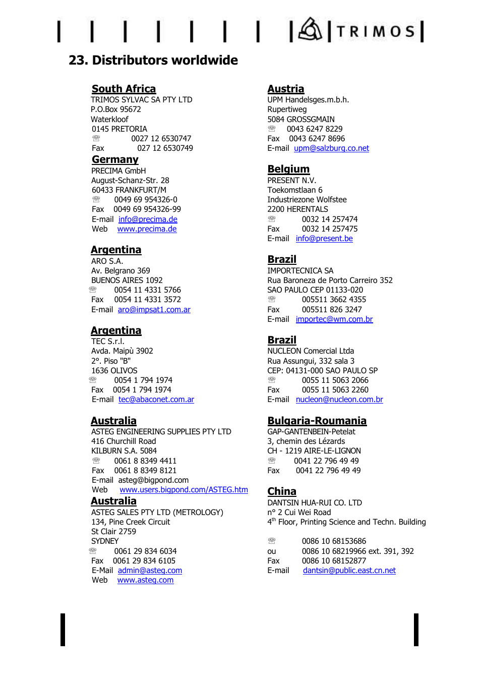 Distributors worldwide, South africa, Germany | Argentina, Australia, Austria, Belgium, Brazil, Bulgaria-roumania, China | Bowers Group Trimos V+ Series Height Gauges User Manual | Page 28 / 32