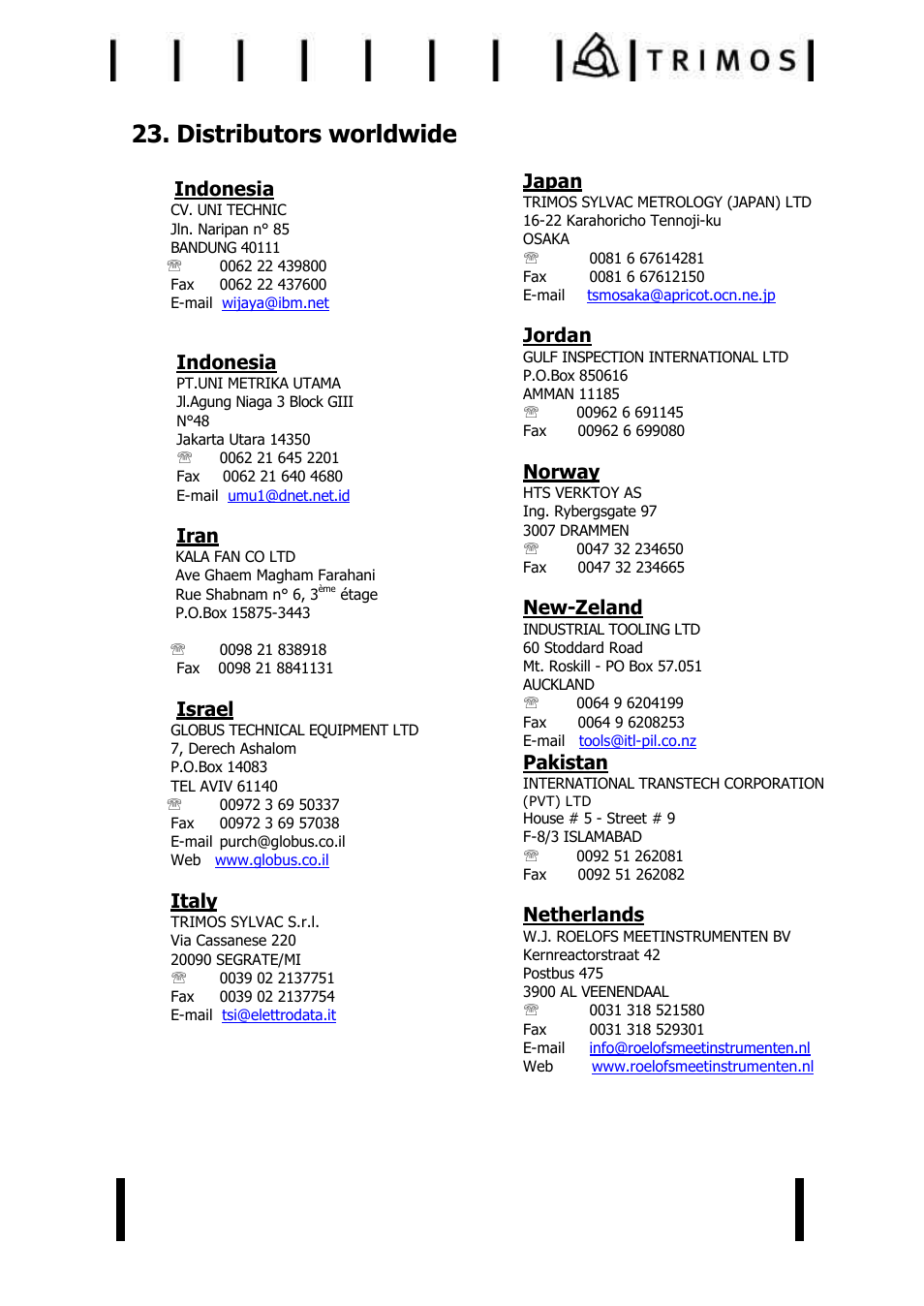 Distributors worldwide, Indonesia, Iran | Israel, Italy, Japan, Jordan, Norway, New-zeland, Pakistan | Bowers Group Trimos V+ Series Height Gauges User Manual | Page 30 / 32