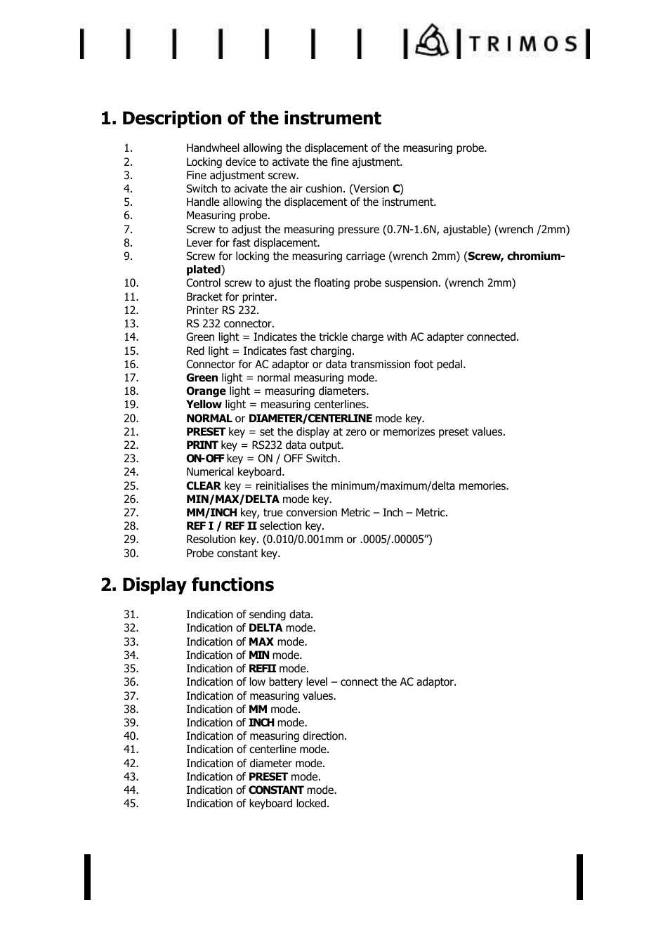 Description of the instrument, Display functions | Bowers Group Trimos V+ Series Height Gauges User Manual | Page 5 / 32
