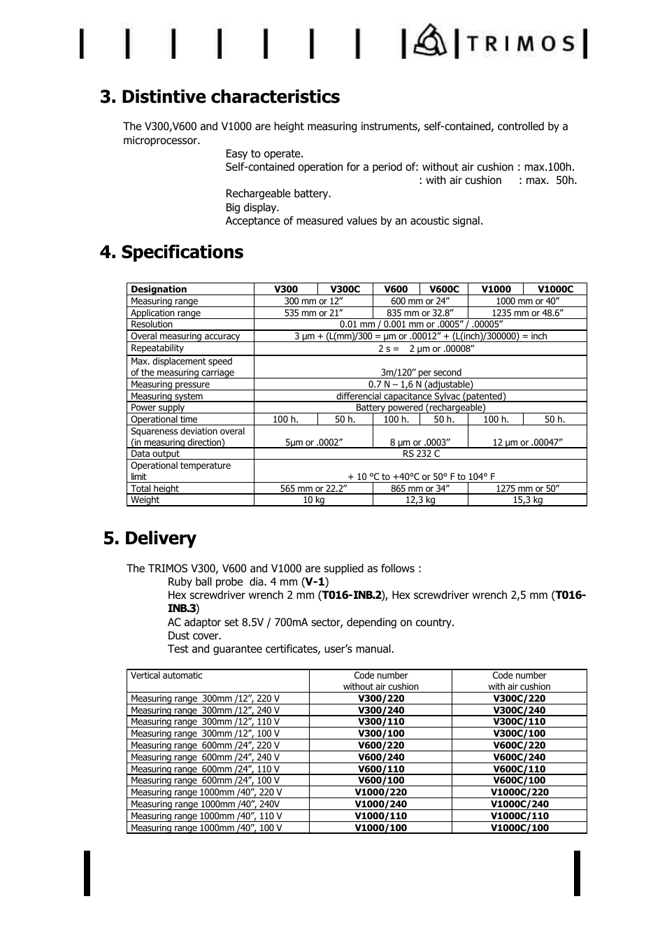 Distintive characteristics, Specifications, Delivery | Bowers Group Trimos V+ Series Height Gauges User Manual | Page 6 / 32