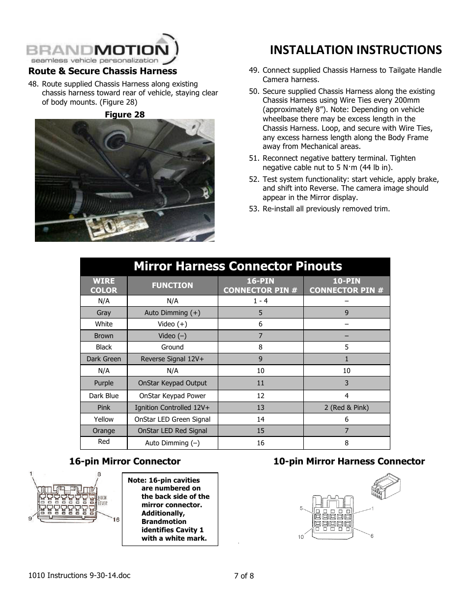 Mirror harness connector pinouts, Route & secure chassis harness, Pin mirror connector | Pin mirror harness connector | Brandmotion 9002-1010 User Manual | Page 7 / 8