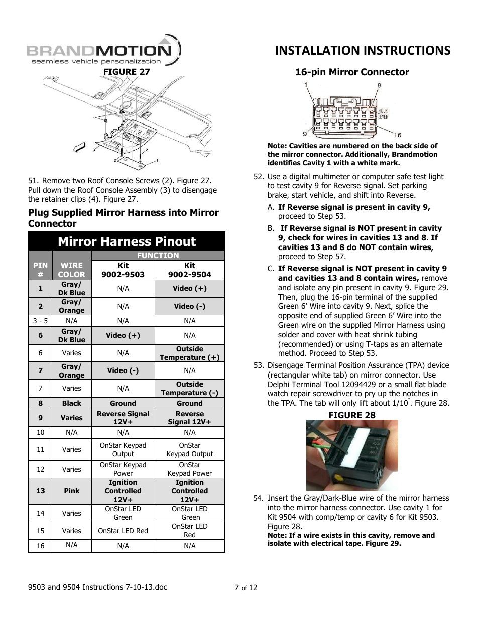 Mirror harness pinout, Plug supplied mirror harness into mirror connector, Pin mirror connector | Brandmotion 9002-9504-V2 User Manual | Page 7 / 12