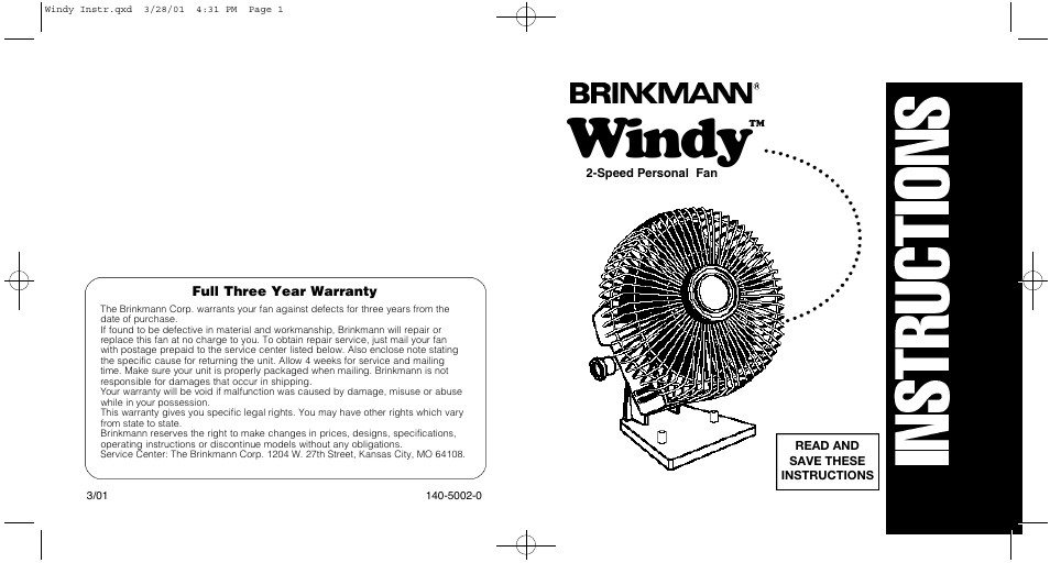 Brinkmann Personal Fan User Manual | 2 pages