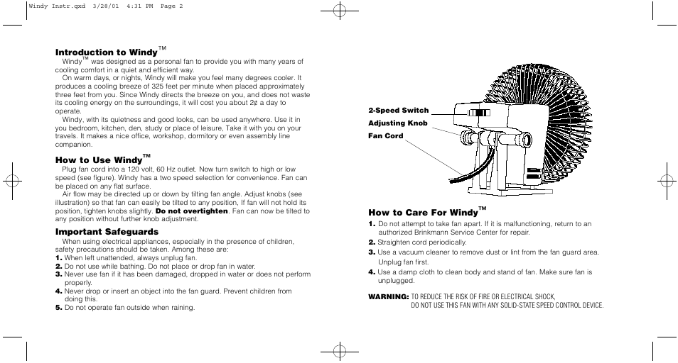 Brinkmann Personal Fan User Manual | Page 2 / 2
