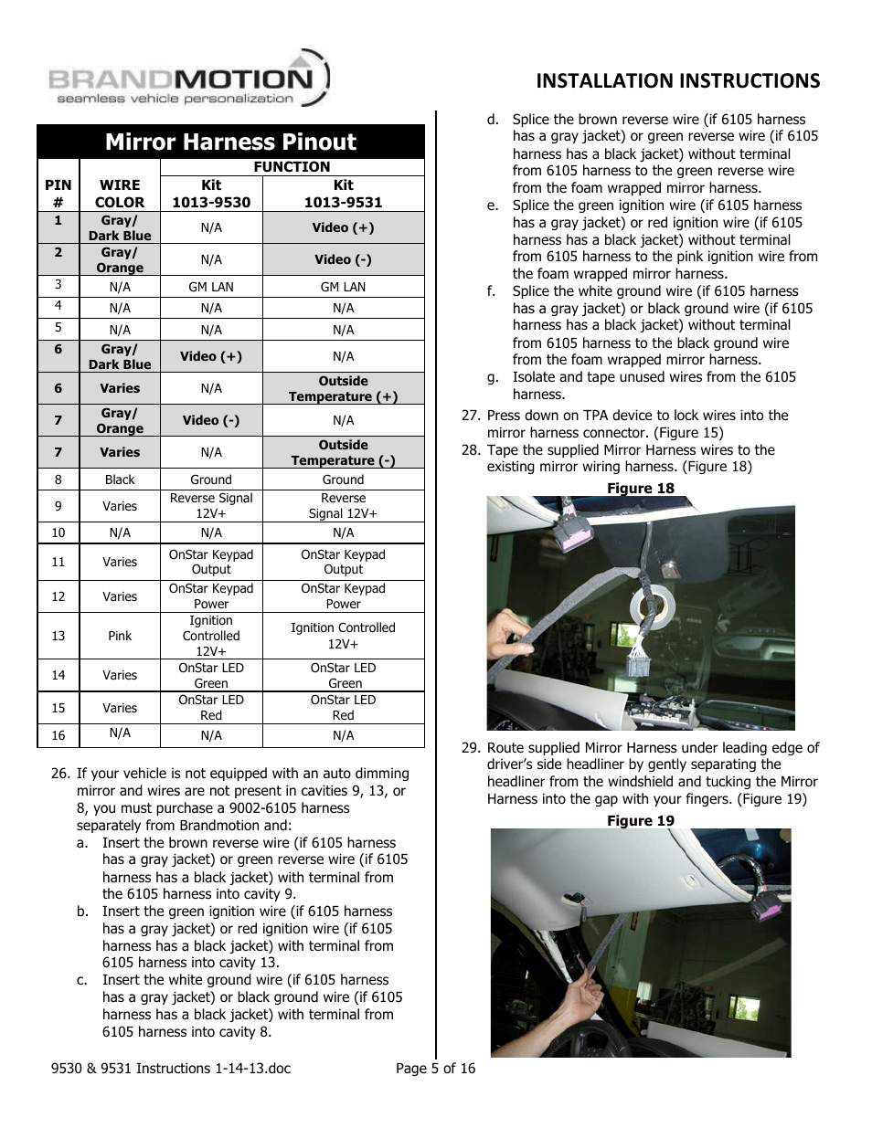 Installation instructions, Mirror harness pinout | Brandmotion 1013-9531-V2 User Manual | Page 5 / 16
