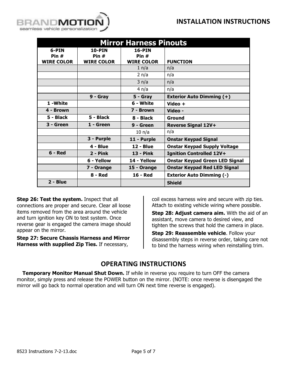 Installation instructions, Mirror harness pinouts, Operating instructions | Brandmotion 9002-8523 User Manual | Page 5 / 7