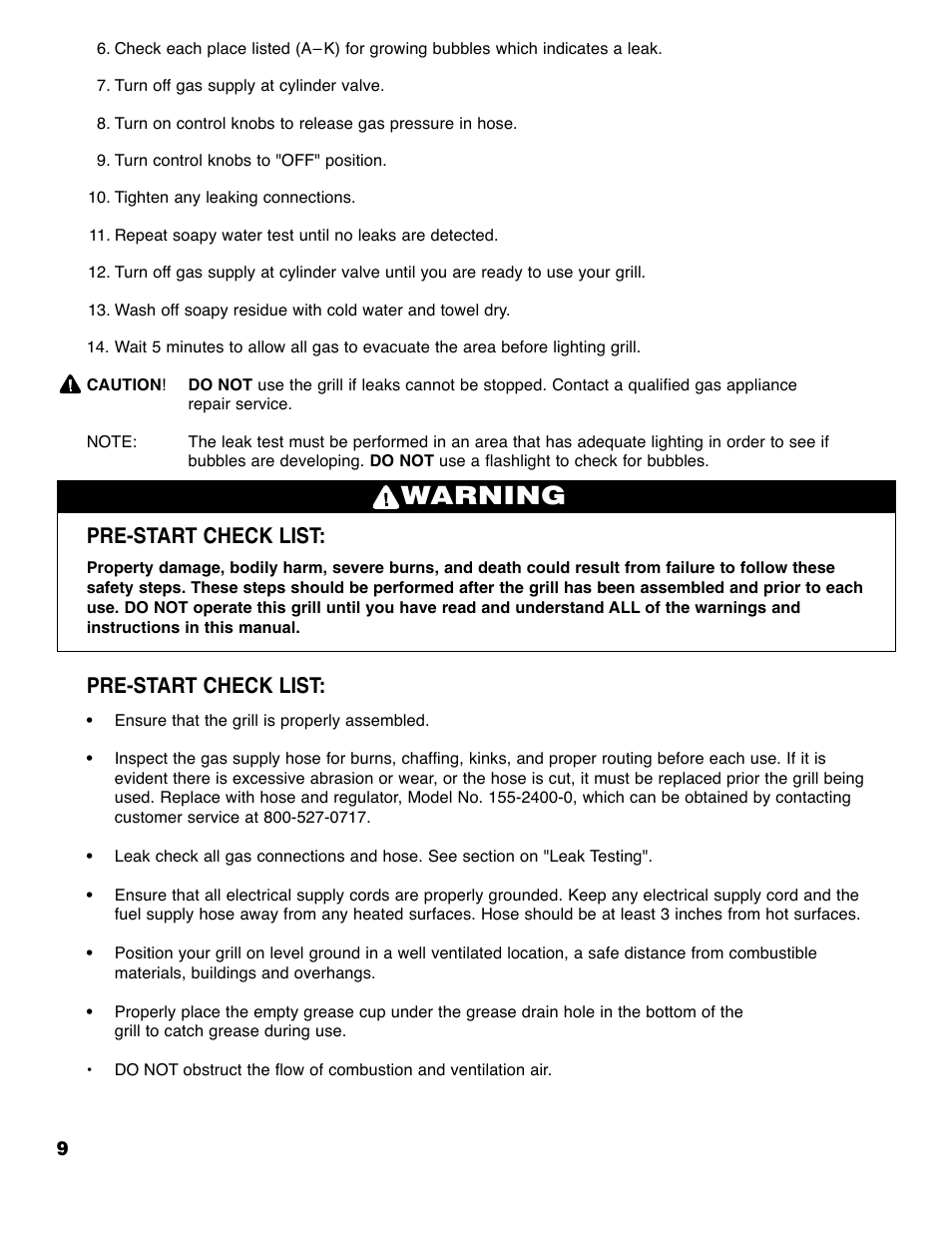 Warning, Pre-start check list | Brinkmann 6355-T User Manual | Page 10 / 36