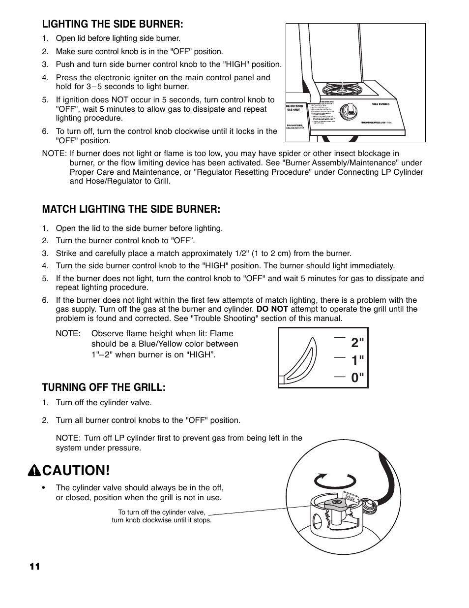 Caution, Lighting the side burner, Match lighting the side burner | Turning off the grill | Brinkmann 6355-T User Manual | Page 12 / 36