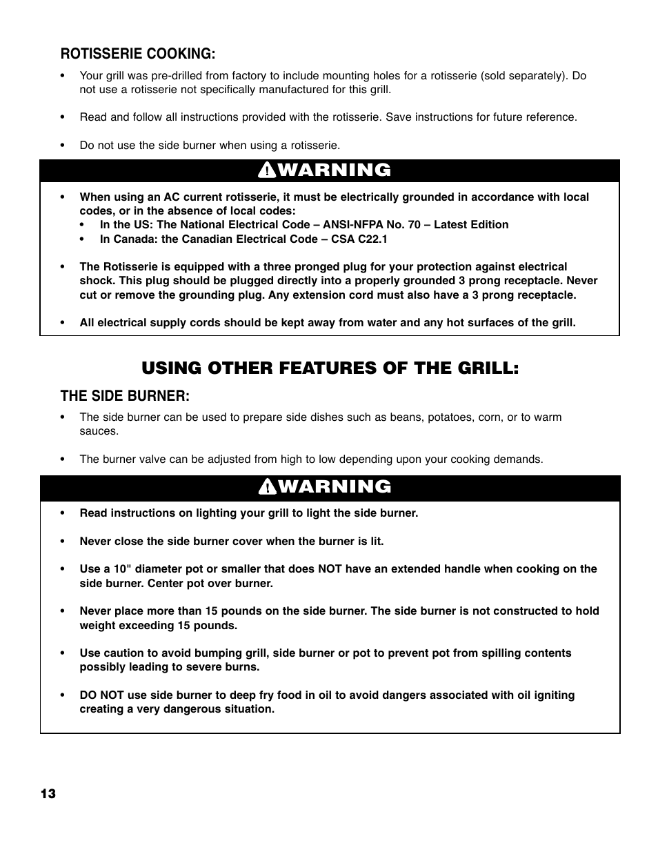 Warning, Using other features of the grill, Rotisserie cooking | The side burner | Brinkmann 6355-T User Manual | Page 14 / 36