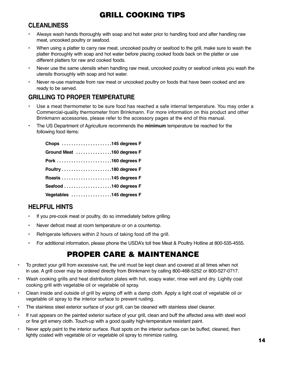 Grill cooking tips, Proper care & maintenance, Cleanliness | Grilling to proper temperature, Helpful hints | Brinkmann 6355-T User Manual | Page 15 / 36