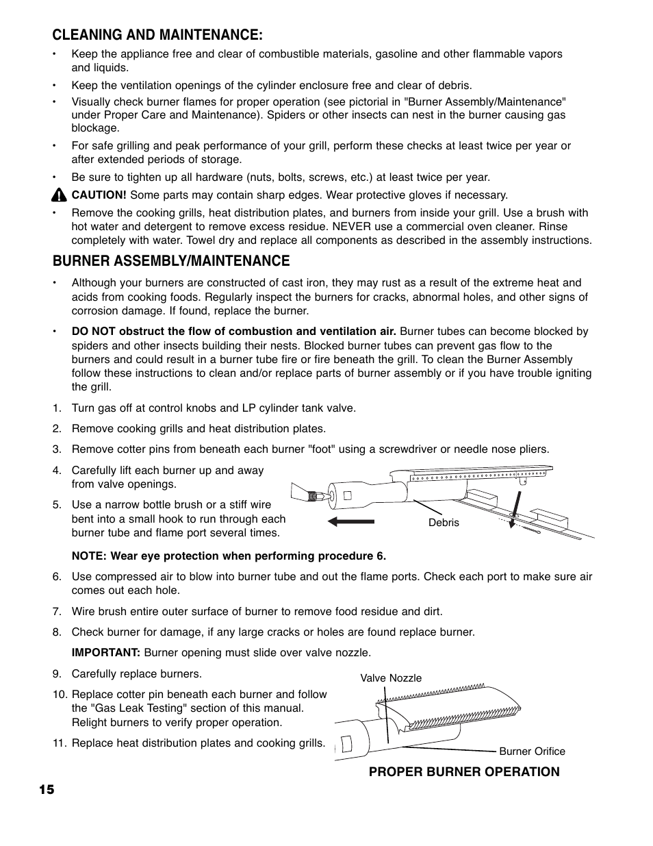 Burner assembly/maintenance, Cleaning and maintenance | Brinkmann 6355-T User Manual | Page 16 / 36