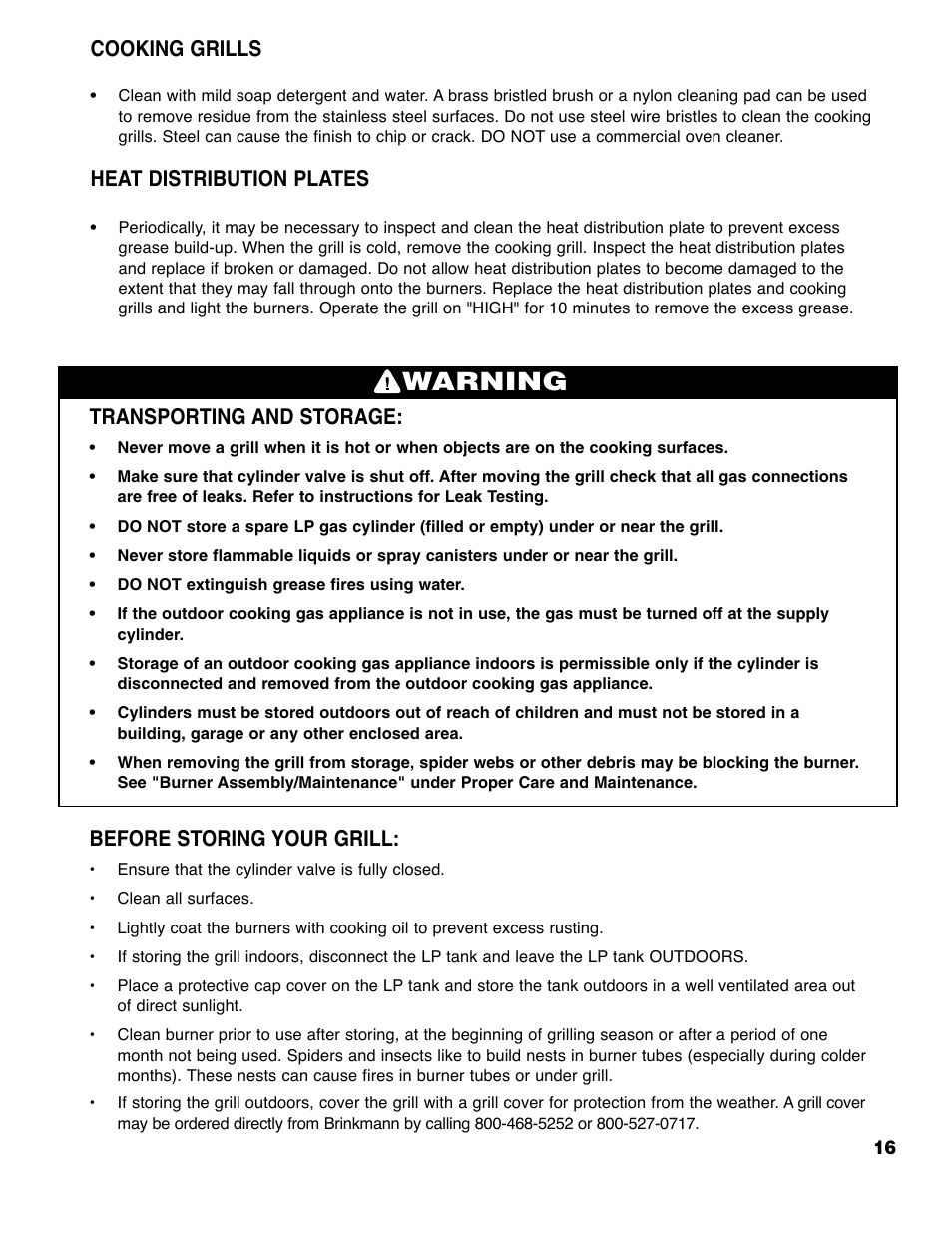 Warning, Transporting and storage, Before storing your grill | Cooking grills, Heat distribution plates | Brinkmann 6355-T User Manual | Page 17 / 36