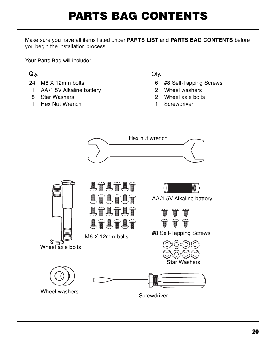 Parts bag contents | Brinkmann 6355-T User Manual | Page 21 / 36
