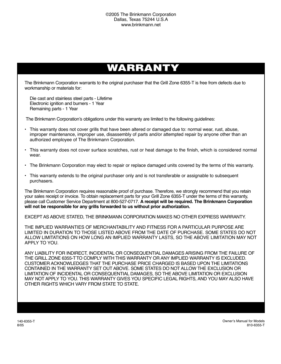 Warranty | Brinkmann 6355-T User Manual | Page 36 / 36