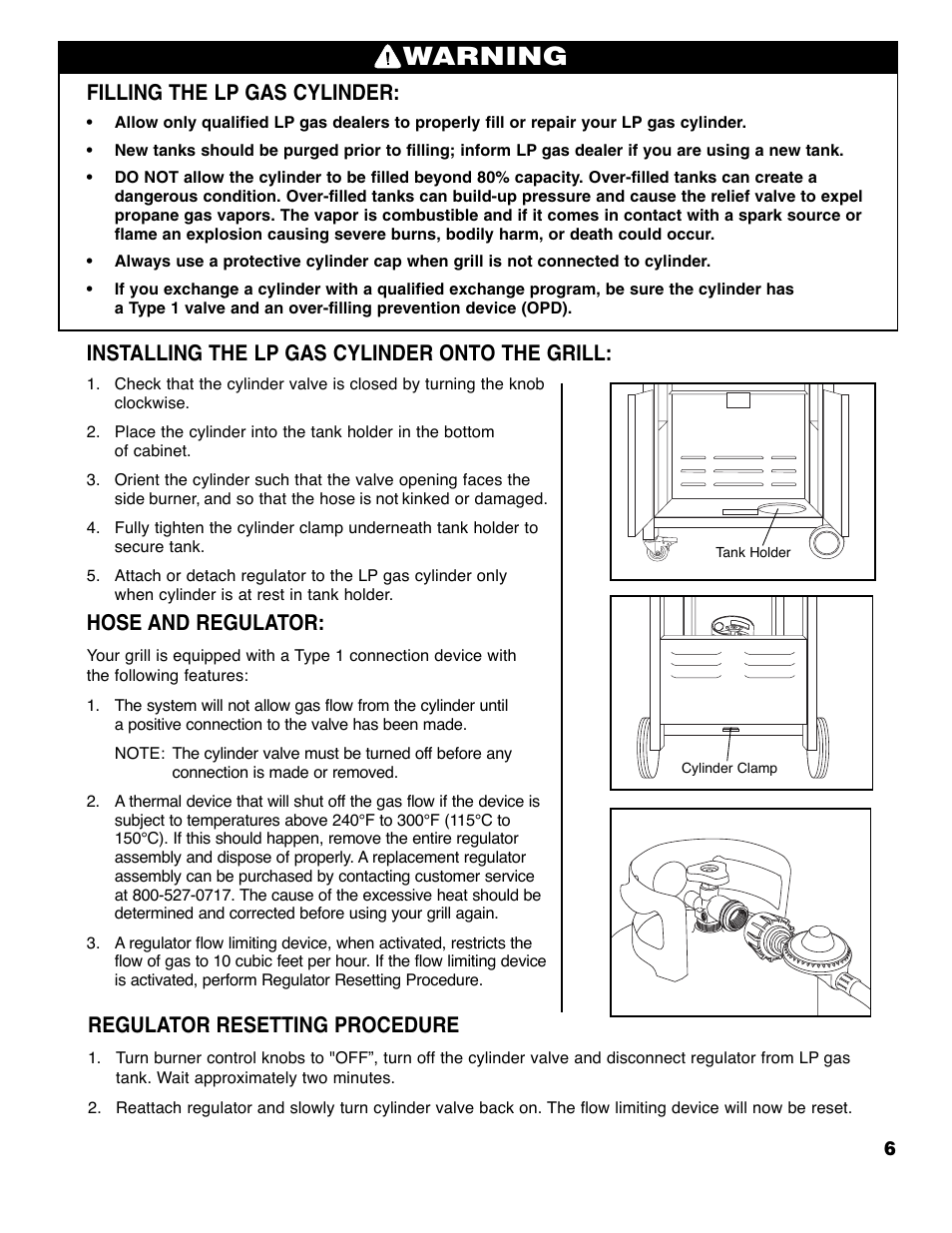Warning, Filling the lp gas cylinder, Installing the lp gas cylinder onto the grill | Hose and regulator, Regulator resetting procedure | Brinkmann 6355-T User Manual | Page 7 / 36