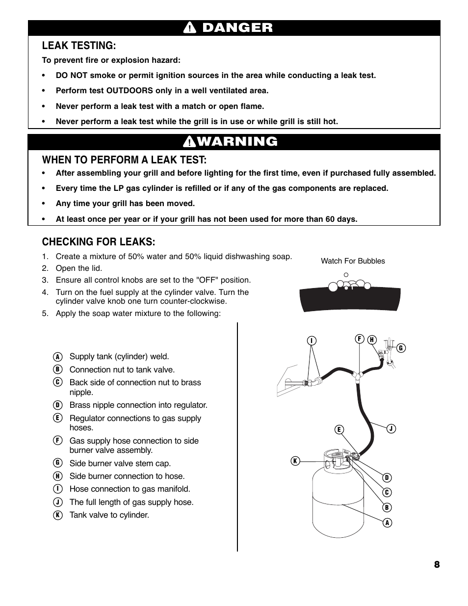 Warning, Danger, Leak testing | When to perform a leak test, Checking for leaks | Brinkmann 6355-T User Manual | Page 9 / 36