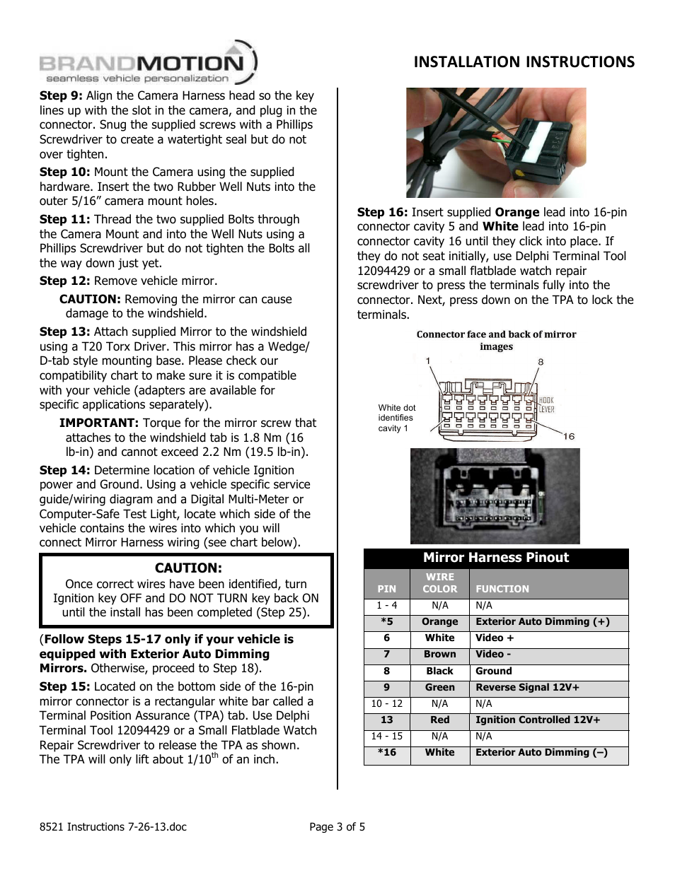 Mirror harness pinout, Caution | Brandmotion 9002-8521 User Manual | Page 3 / 5