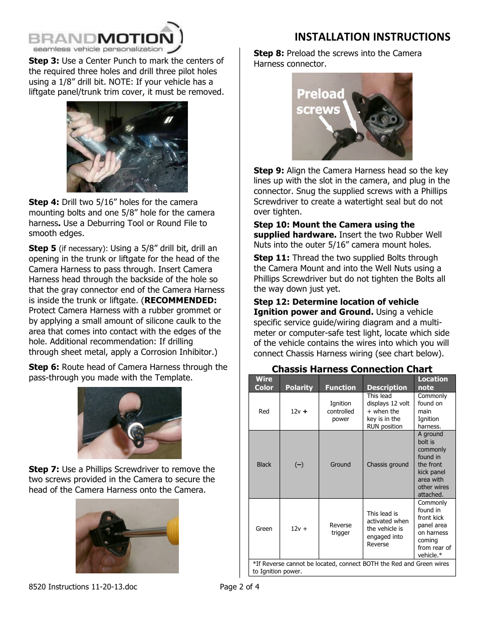 Installation instructions, Chassis harness connection chart | Brandmotion 9002-8520 User Manual | Page 2 / 4