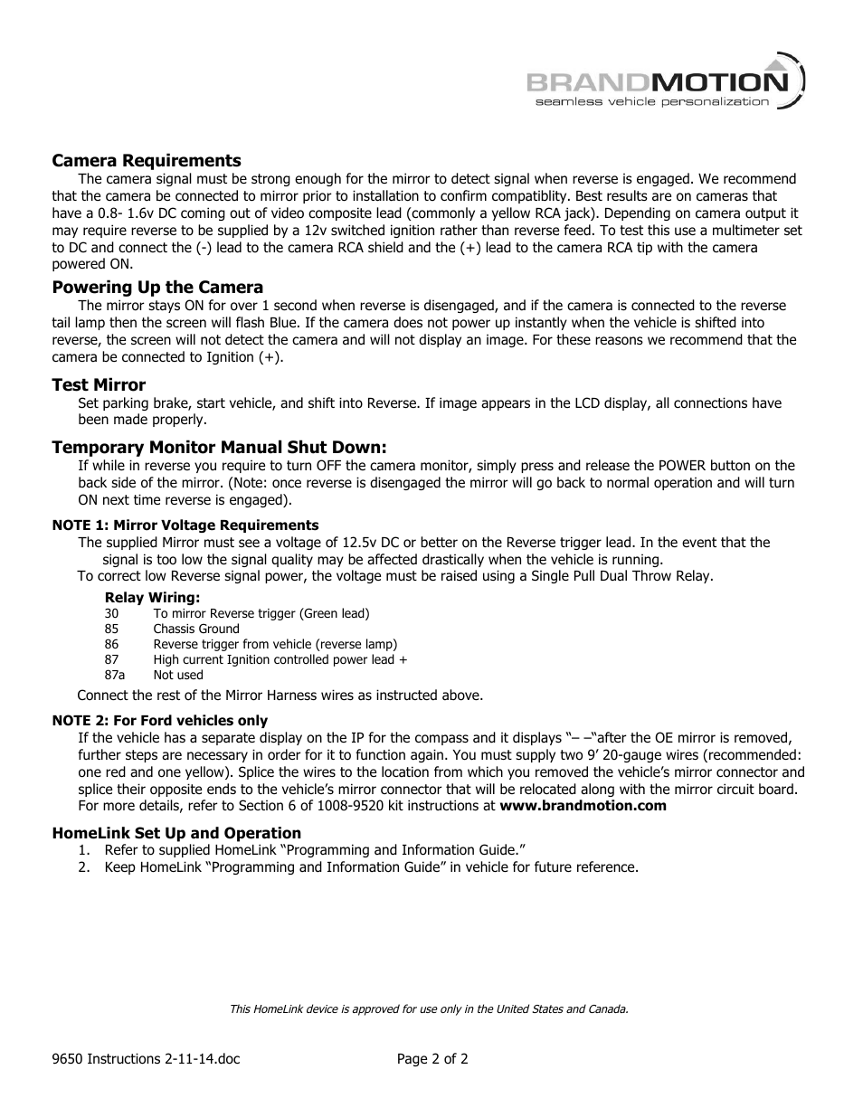 Camera requirements, Powering up the camera, Test mirror | Temporary monitor manual shut down | Brandmotion 9002-9650 User Manual | Page 2 / 2