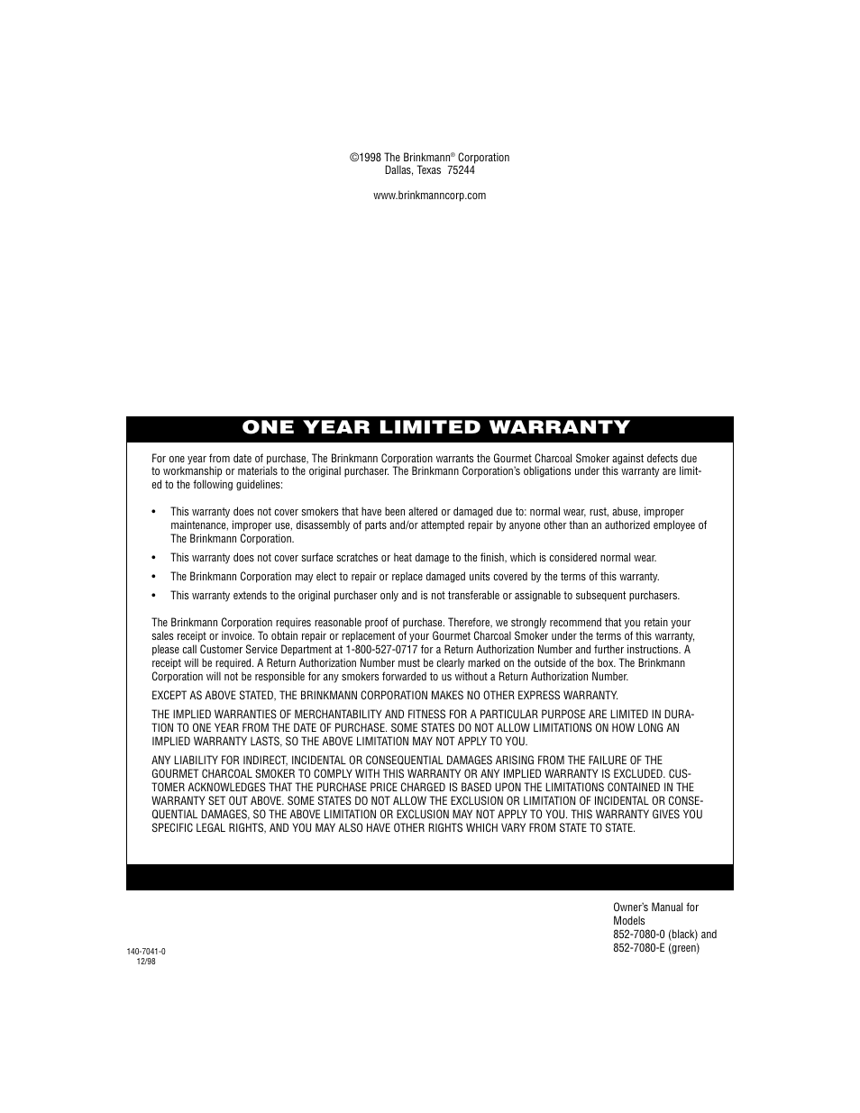 One year limited warranty | Brinkmann Smoker User Manual | Page 12 / 12