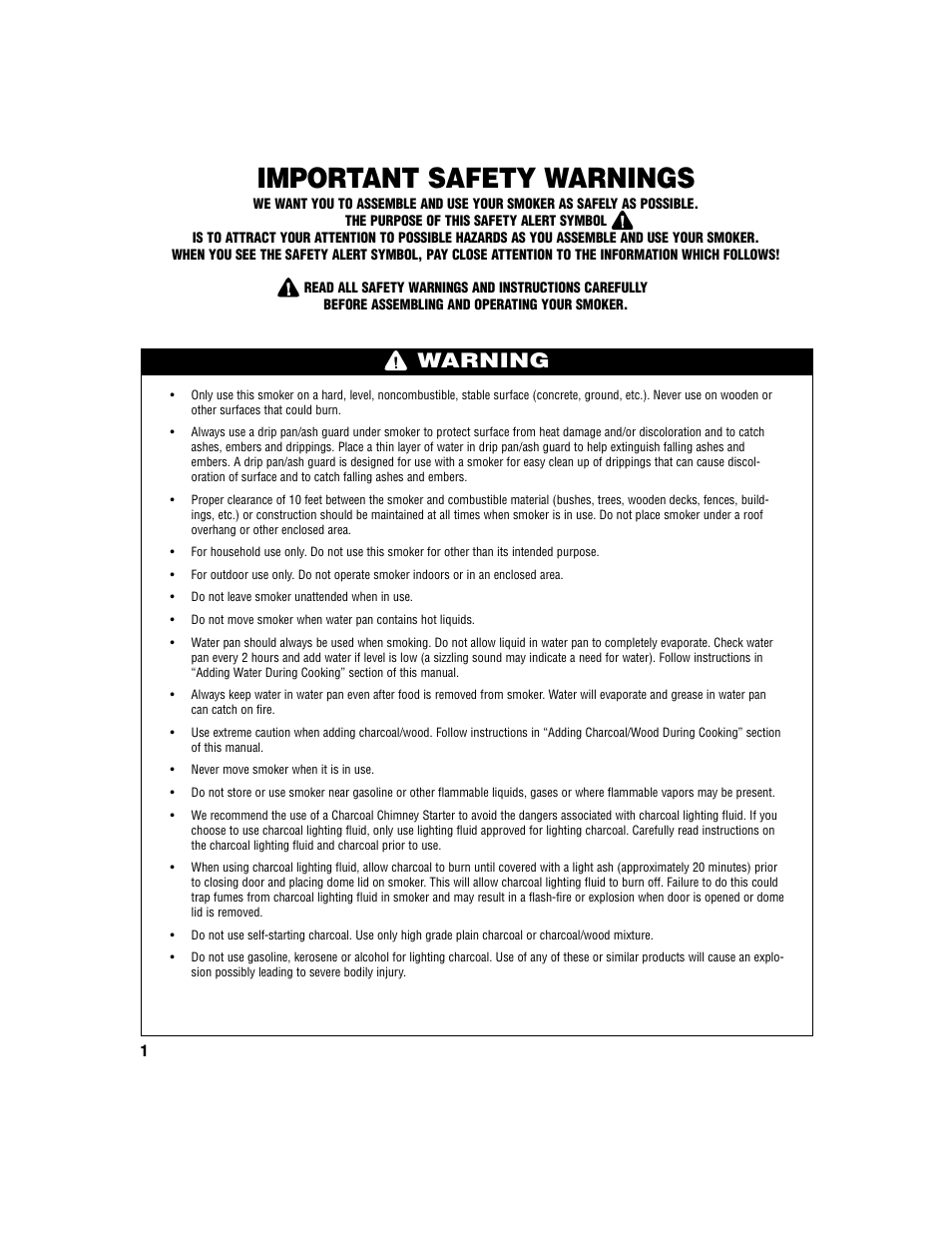 Important safety warnings, Warning | Brinkmann Smoker User Manual | Page 2 / 12