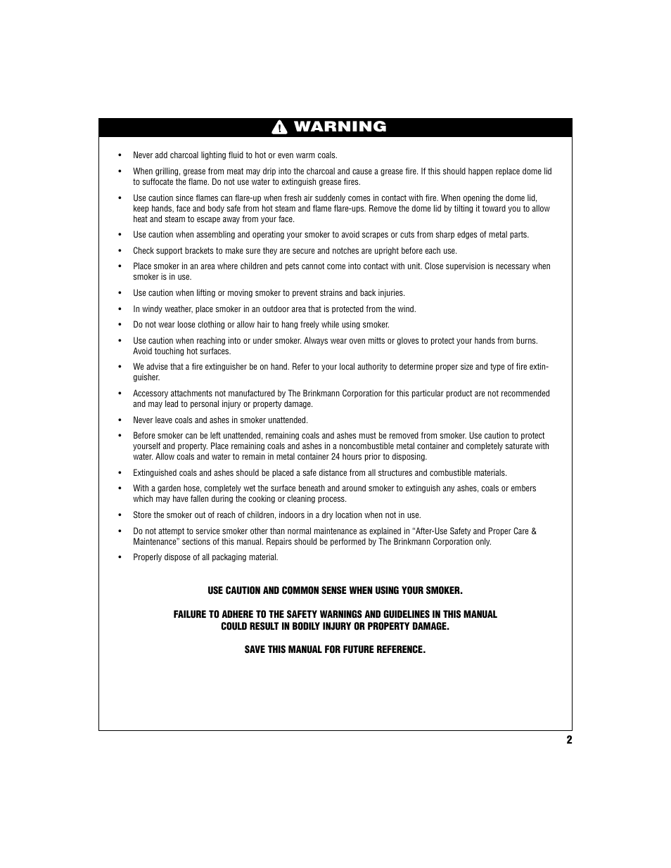 Warning | Brinkmann Smoker User Manual | Page 3 / 12