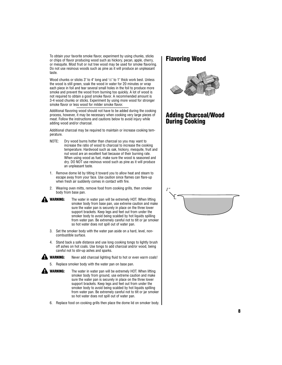 Adding charcoal/wood during cooking, Flavoring wood | Brinkmann Smoker User Manual | Page 9 / 12