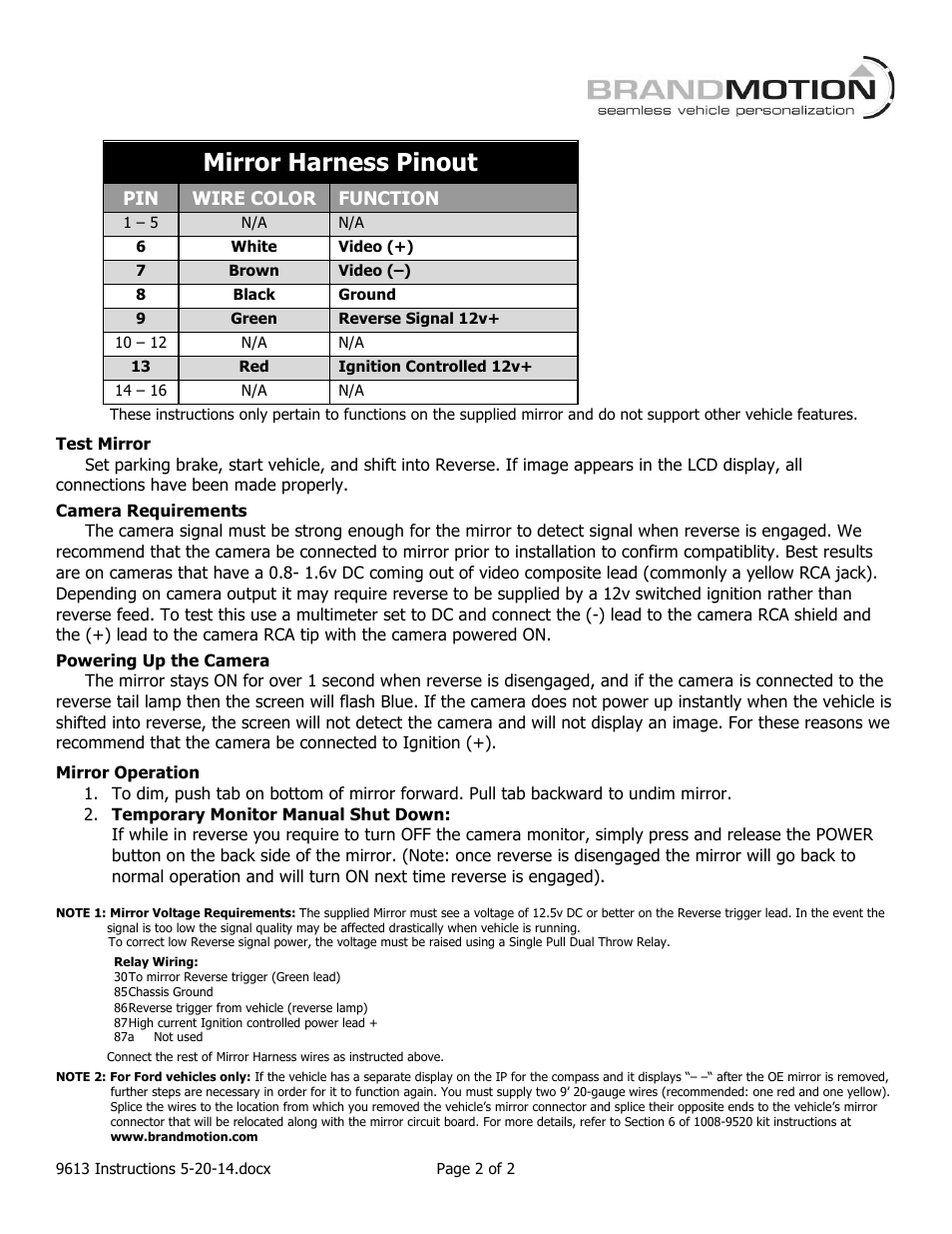 Mirror harness pinout | Brandmotion 9002-9613 User Manual | Page 2 / 2