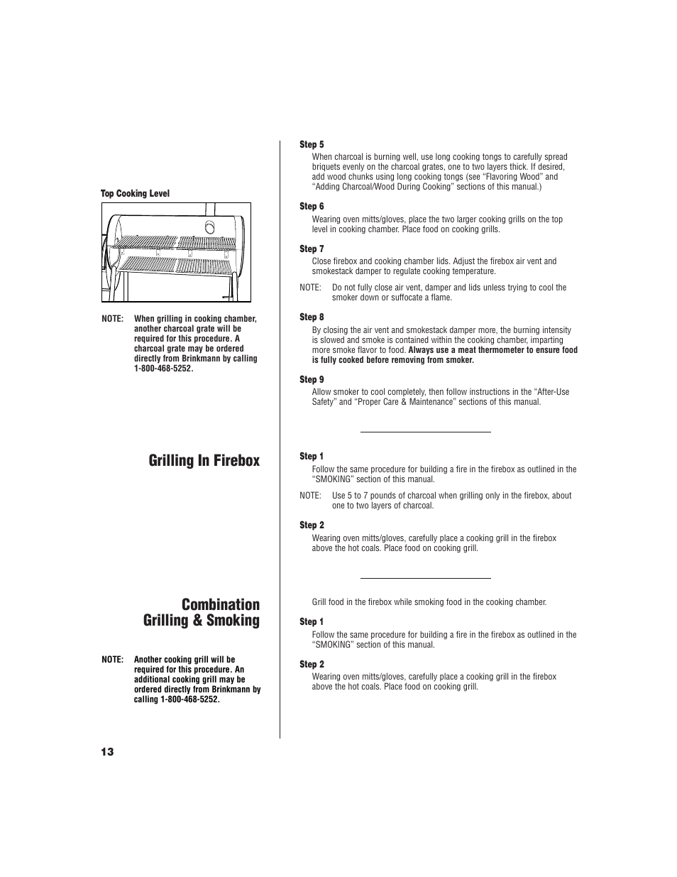 Combination grilling & smoking grilling in firebox | Brinkmann Pitmaster Delux Charcoal/Wood Smoker User Manual | Page 14 / 20