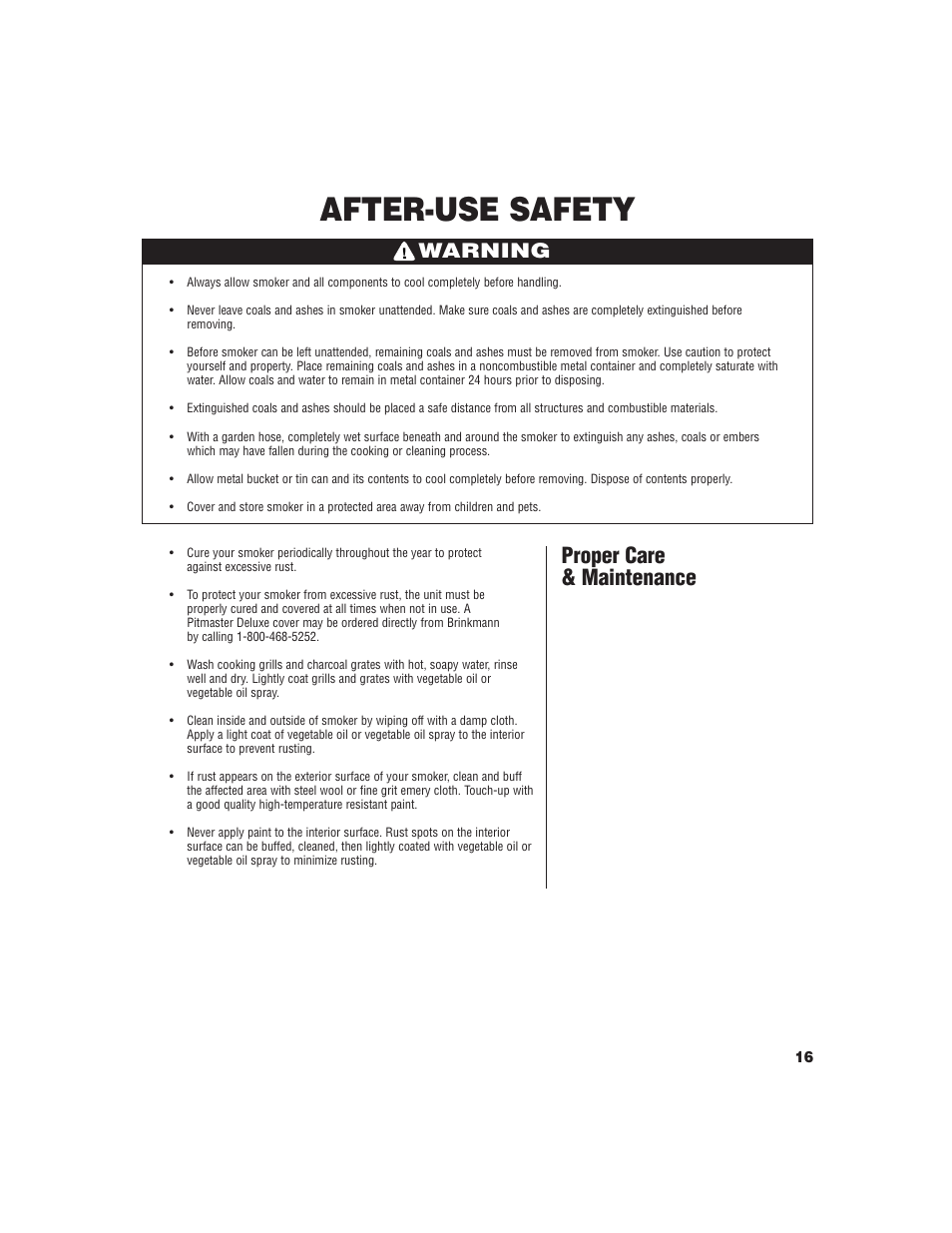 After-use safety, Proper care & maintenance, Warning | Brinkmann Pitmaster Delux Charcoal/Wood Smoker User Manual | Page 17 / 20