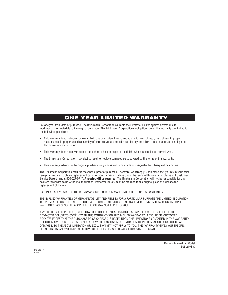 One year limited warranty | Brinkmann Pitmaster Delux Charcoal/Wood Smoker User Manual | Page 20 / 20