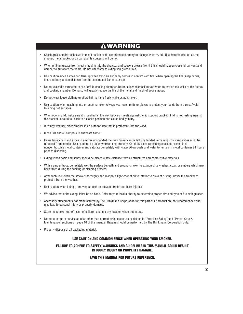 Warning | Brinkmann Pitmaster Delux Charcoal/Wood Smoker User Manual | Page 3 / 20