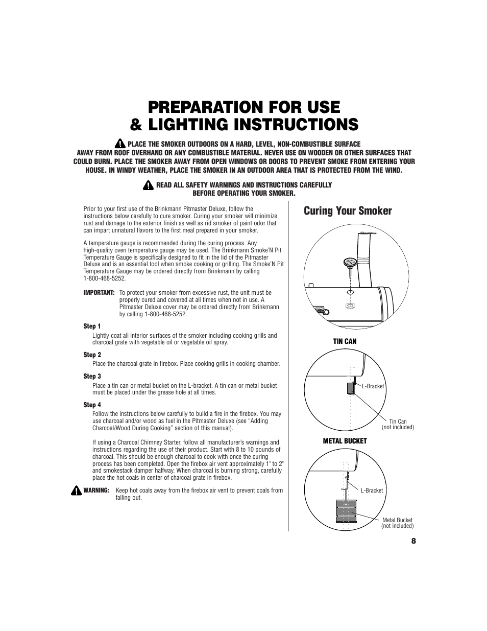 Preparation for use & lighting instructions, Curing your smoker | Brinkmann Pitmaster Delux Charcoal/Wood Smoker User Manual | Page 9 / 20