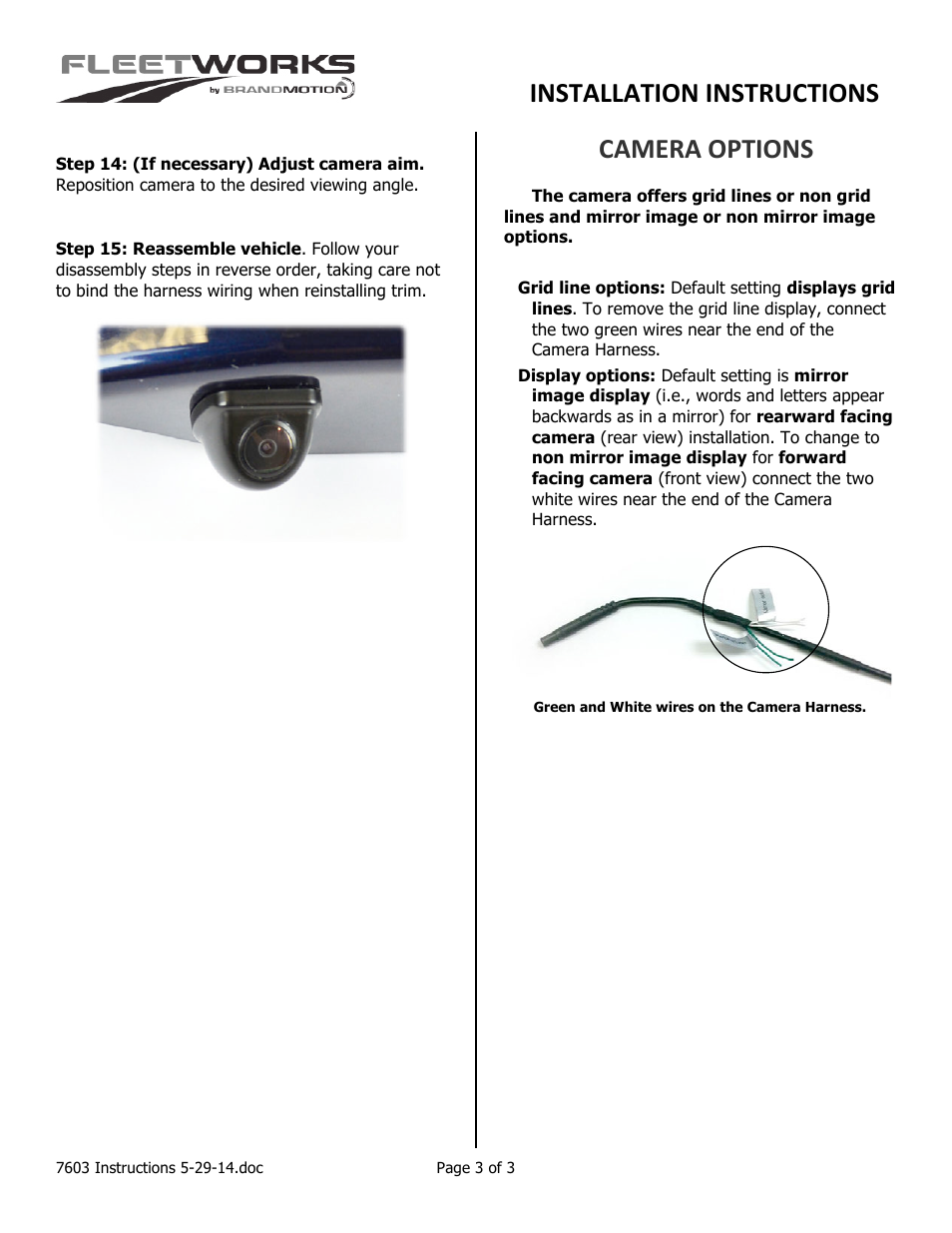 Installation instructions, Camera options | Brandmotion FLTW-7603 User Manual | Page 3 / 3