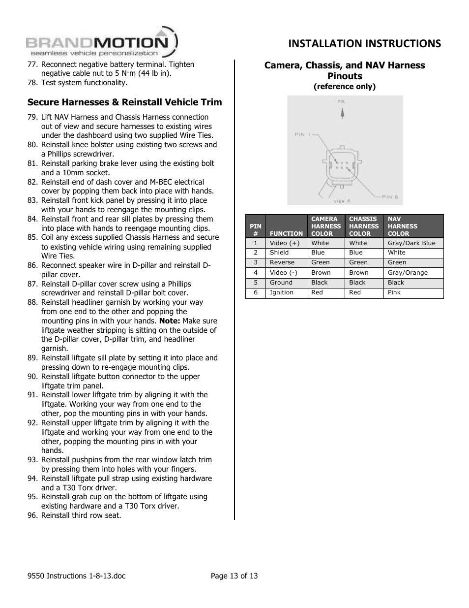 Secure harnesses & reinstall vehicle trim, Camera, chassis, and nav harness pinouts | Brandmotion 1013-9550 User Manual | Page 13 / 13