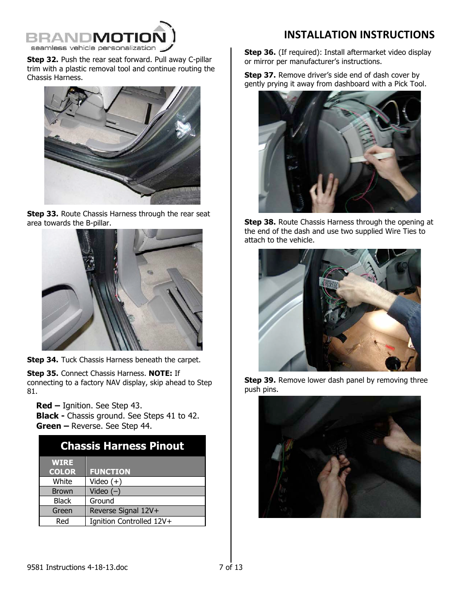 Installation instructions, Chassis harness pinout | Brandmotion 1022-9590 User Manual | Page 7 / 13