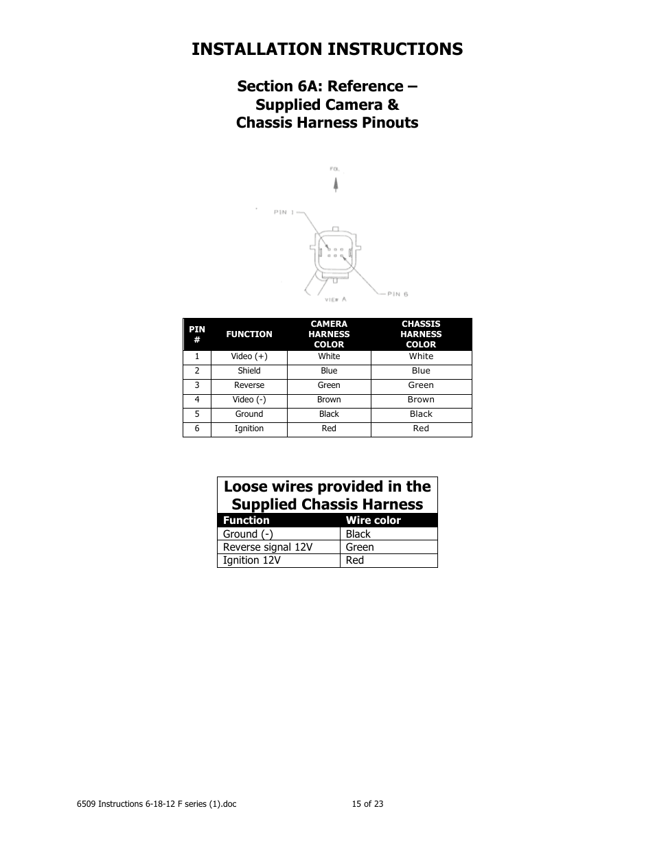 Installation instructions, Supplied camera & chassis harness pinouts | Brandmotion 1008-6509-V1 User Manual | Page 15 / 23