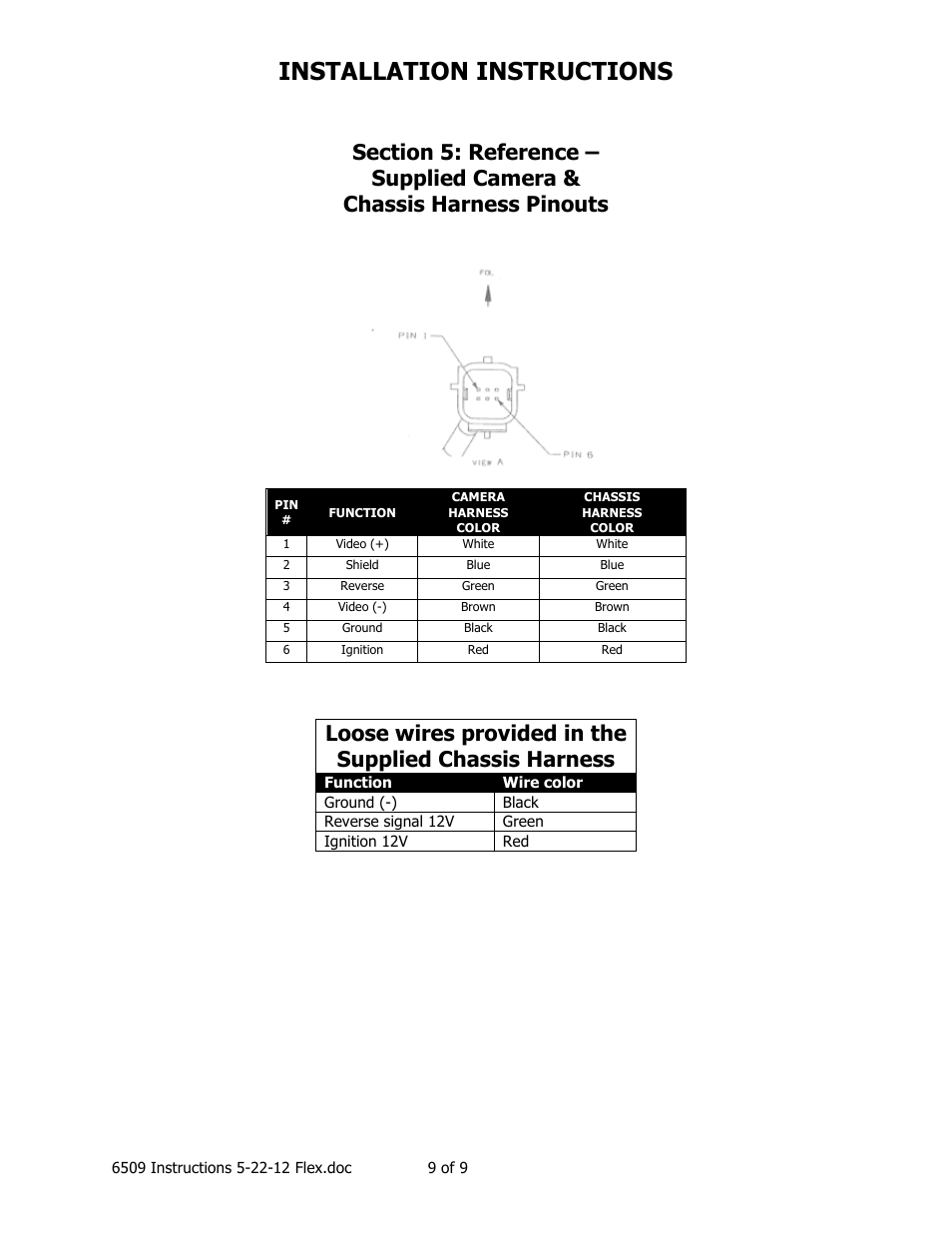 Installation instructions, Supplied camera & chassis harness pinouts | Brandmotion 1008-6509-V2 User Manual | Page 9 / 9