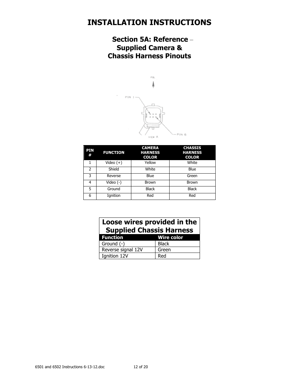 Installation instructions, Supplied camera & chassis harness pinouts | Brandmotion 1008-6502 User Manual | Page 12 / 20