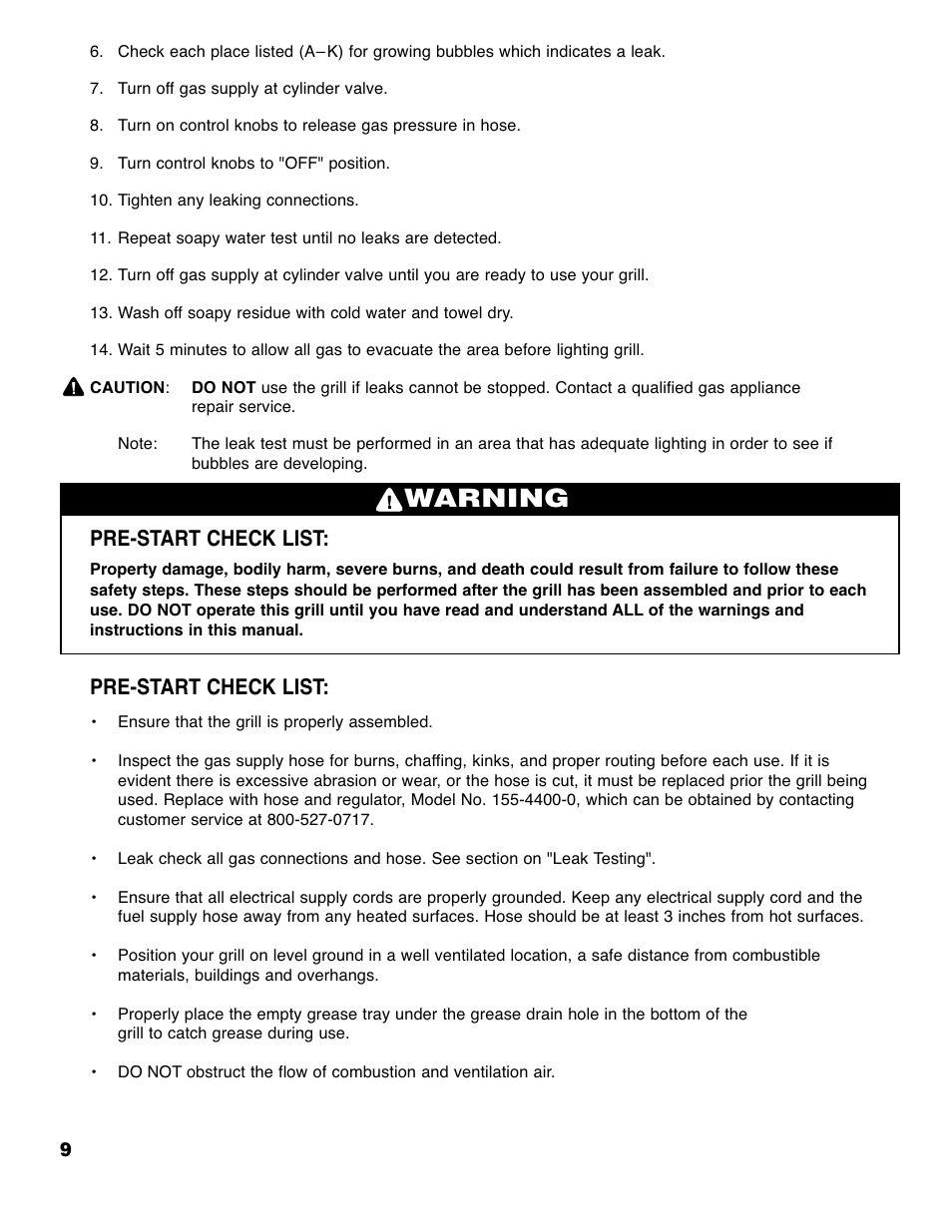 Warning, Pre-start check list | Brinkmann 4445 User Manual | Page 10 / 36