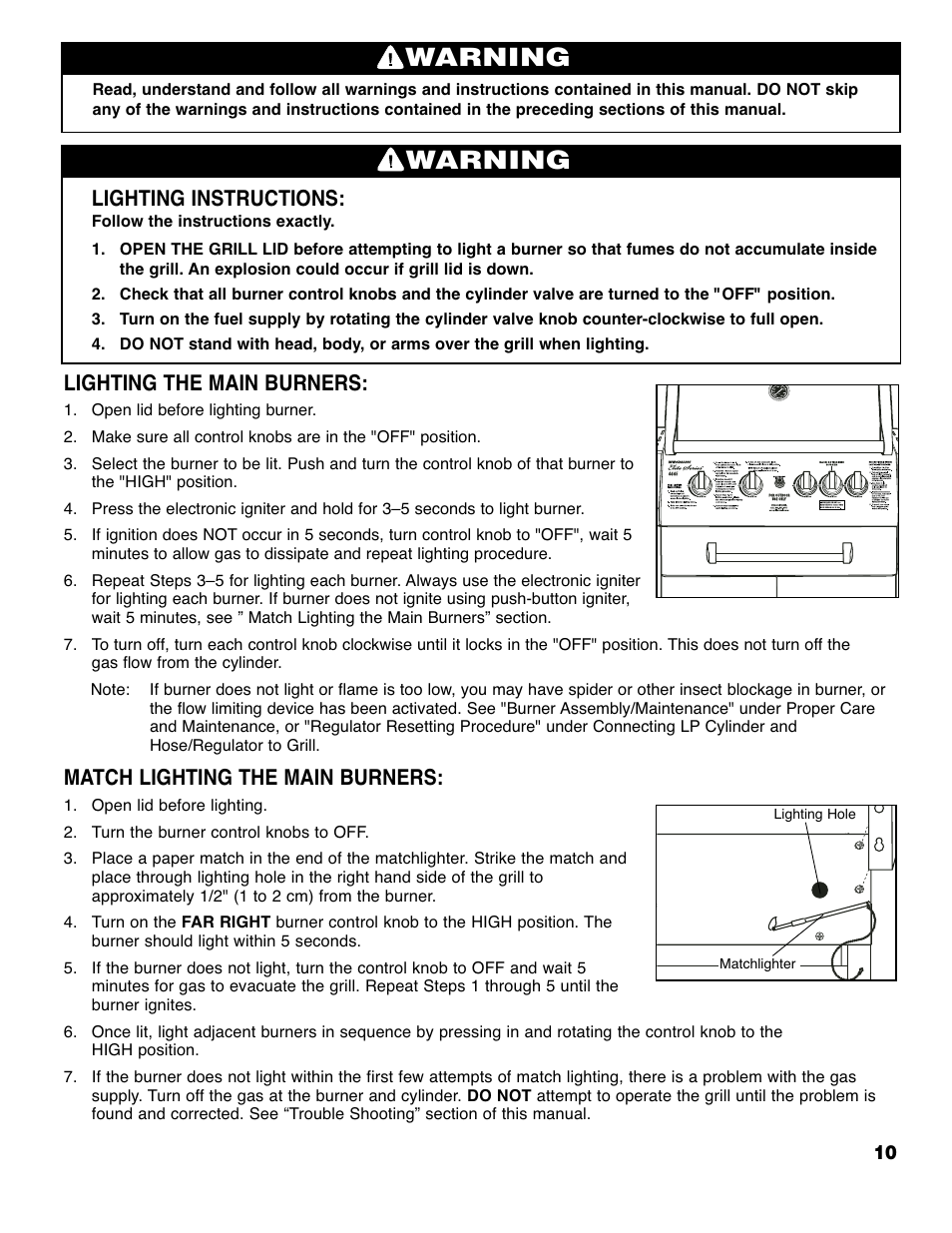 Warning, Lighting instructions, Lighting the main burners | Match lighting the main burners | Brinkmann 4445 User Manual | Page 11 / 36