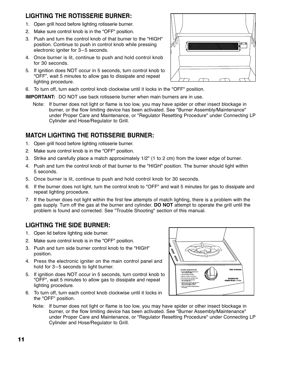 Lighting the rotisserie burner, Match lighting the rotisserie burner, Lighting the side burner | Brinkmann 4445 User Manual | Page 12 / 36