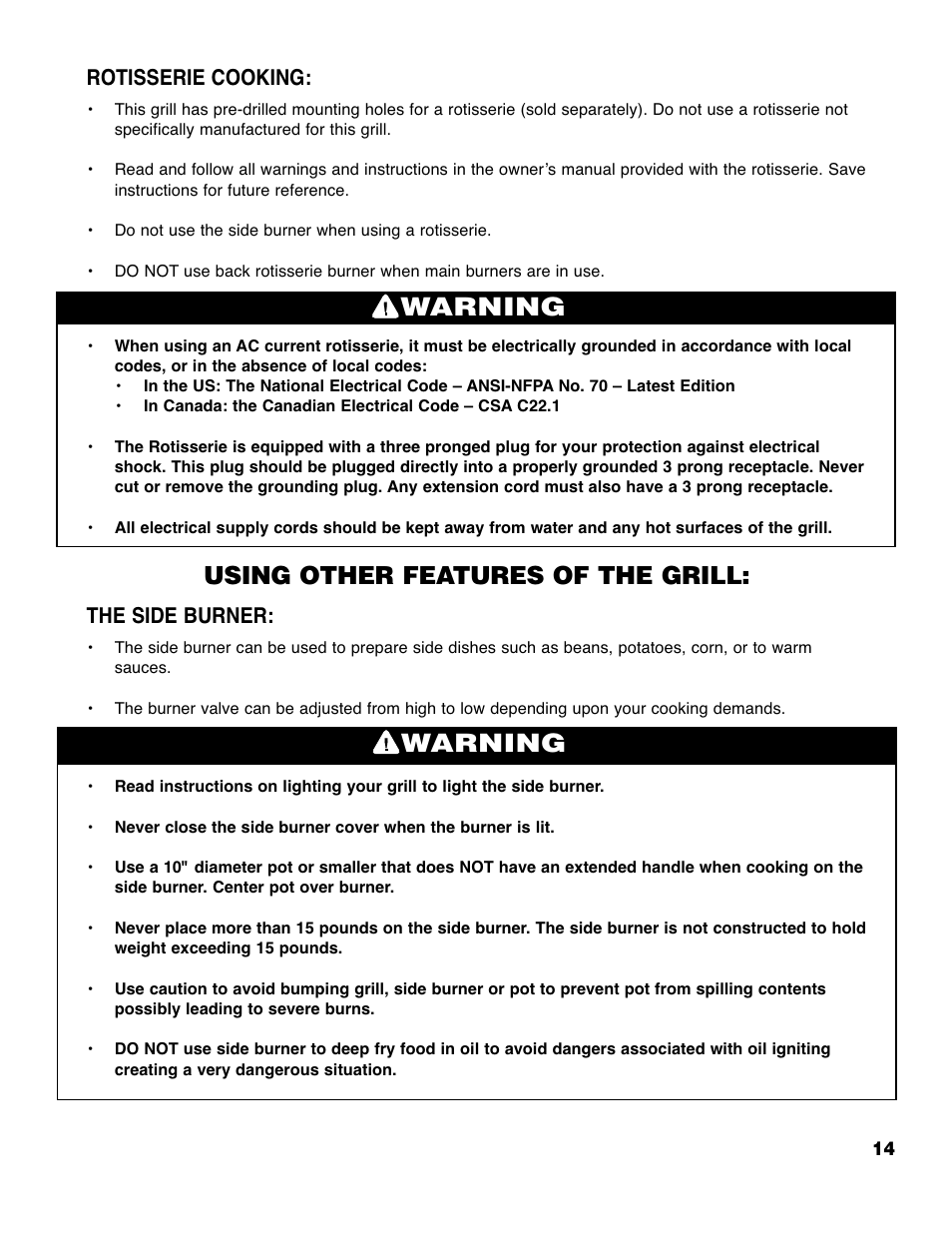 Warning, Using other features of the grill, Rotisserie cooking | The side burner | Brinkmann 4445 User Manual | Page 15 / 36