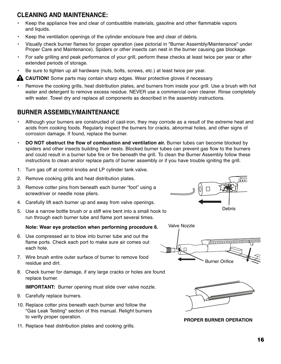 Burner assembly/maintenance, Cleaning and maintenance | Brinkmann 4445 User Manual | Page 17 / 36