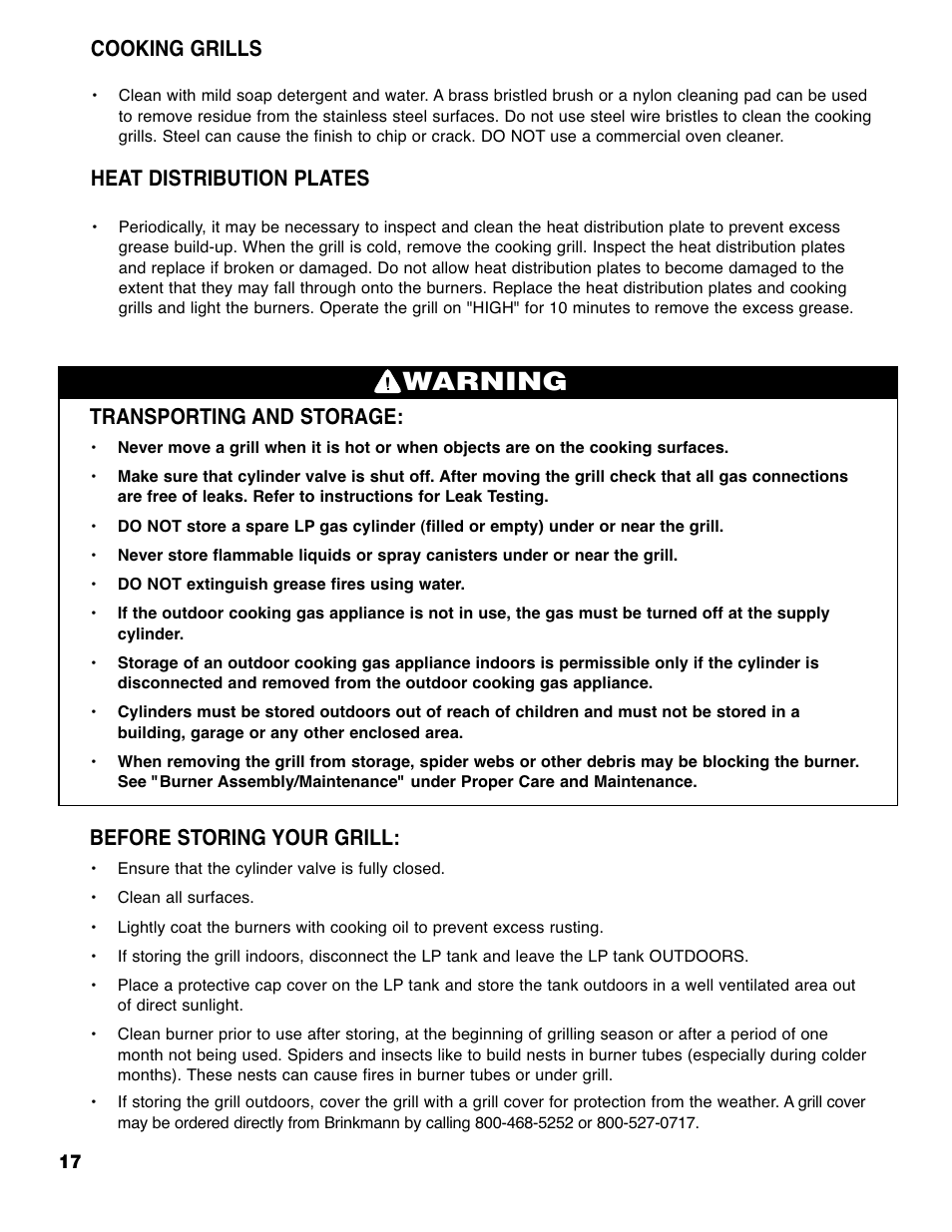 Warning, Transporting and storage, Before storing your grill | Cooking grills, Heat distribution plates | Brinkmann 4445 User Manual | Page 18 / 36