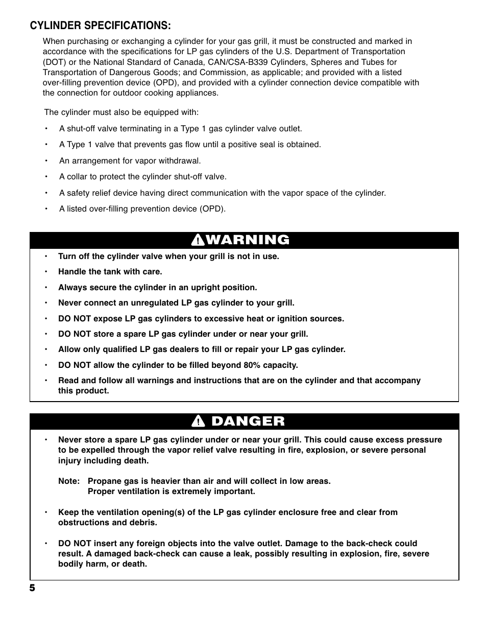 Warning danger, Cylinder specifications | Brinkmann 4445 User Manual | Page 6 / 36