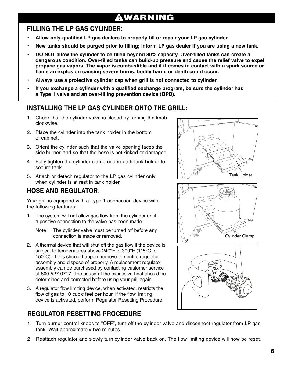 Warning, Filling the lp gas cylinder, Installing the lp gas cylinder onto the grill | Hose and regulator, Regulator resetting procedure | Brinkmann 4445 User Manual | Page 7 / 36